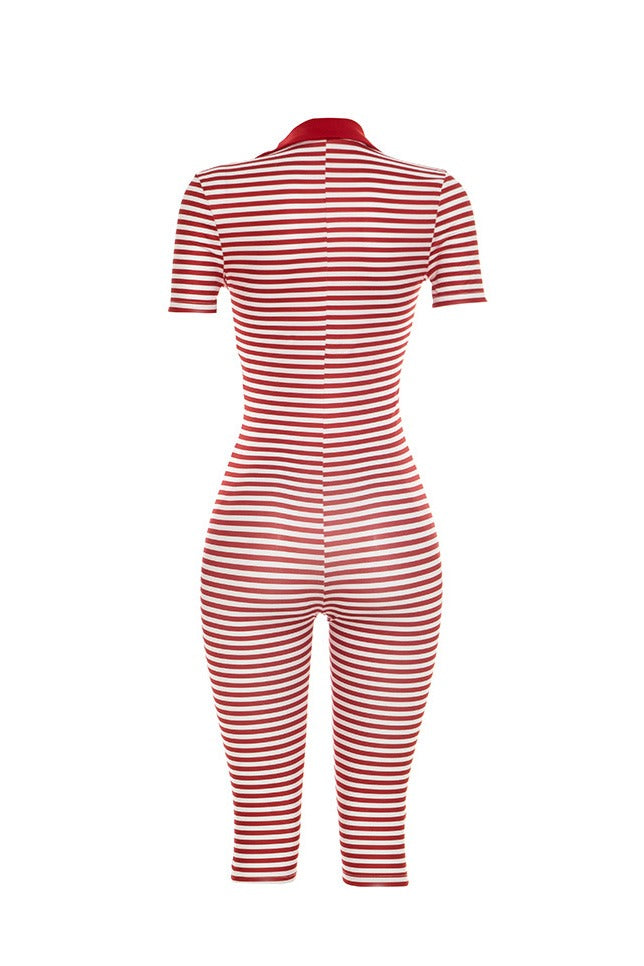 Striped Collared Bodycon Jumpsuit LavishDaily