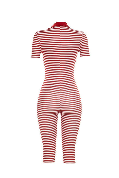 Striped Collared Bodycon Jumpsuit LavishDaily