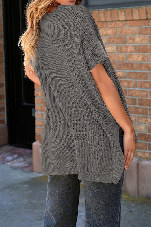 Short Sleeve Side Slit Oversized Sweater Lavish Daily