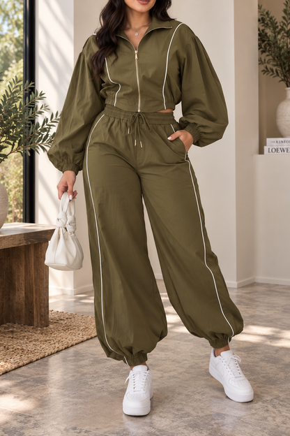 Piped Balloon Sleeve Tracksuit Set Lavish Daily