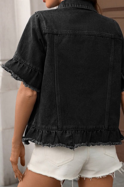 Ruffled Raw Hem Short Sleeve Denim Jacket Lavish Daily