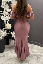 Off Shoulder Ruffle Slit Asym Bodycon Dress Lavish Daily
