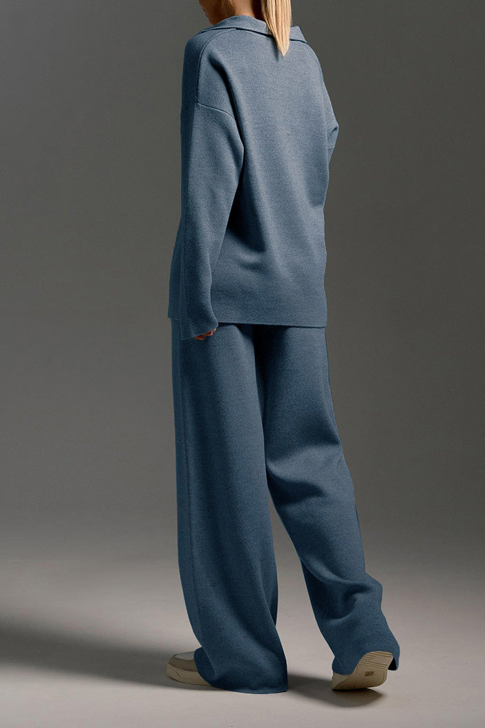 2-Piece Knit Polo & Wide-Leg Lounge Set Lavish Daily