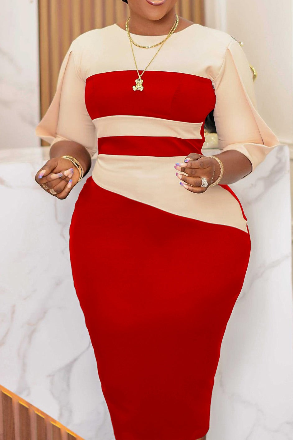 Plus Size 3/4 Sleeve Color Block Bodycon Dress Lavish Daily