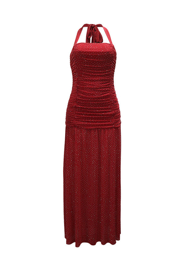 Shimmer Ruched Halter Slit Maxi Gown Lavish Daily