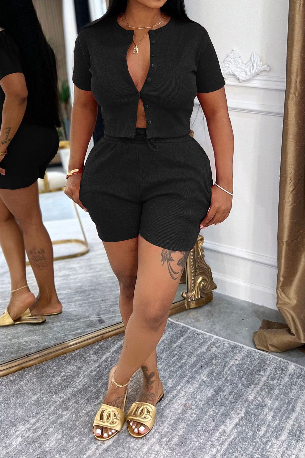 Short Sleeve Top & Ribbed Shorts 2 Piece Sets Lavish Daily