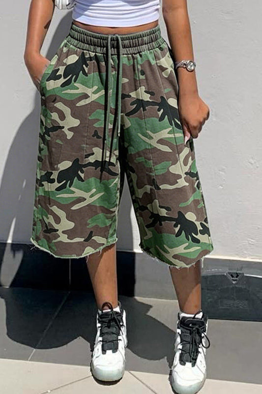 Baggy Drawstring Raw Hem Camo Shorts Lavish Daily