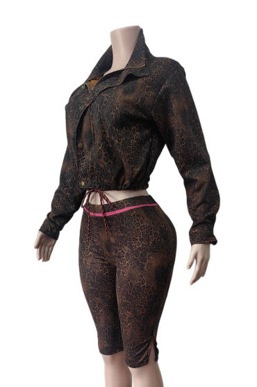Leopard Cropped Jacket & Biker Short Set Lavish Daily