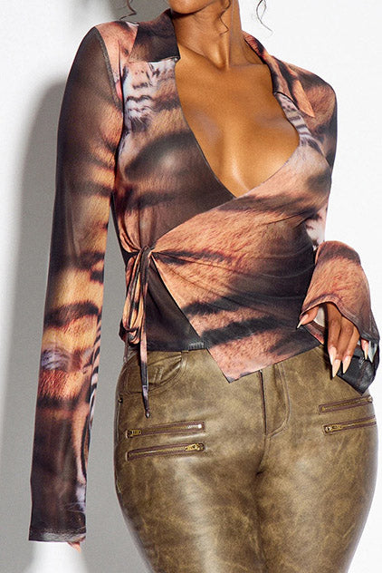 Tiger-Print Tie-Front Mesh Shirt Lavish Daily