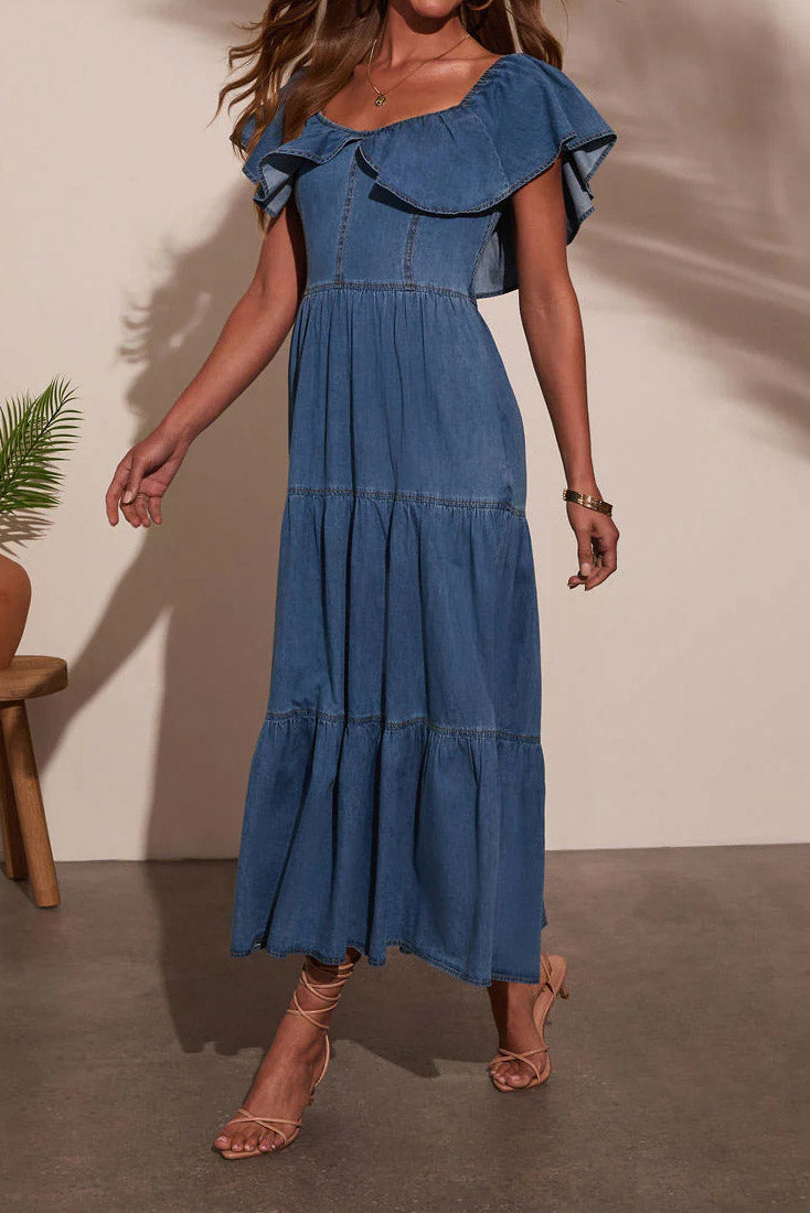 Off Shoulder Ruffle Tiered Denim Dress Lavish Daily