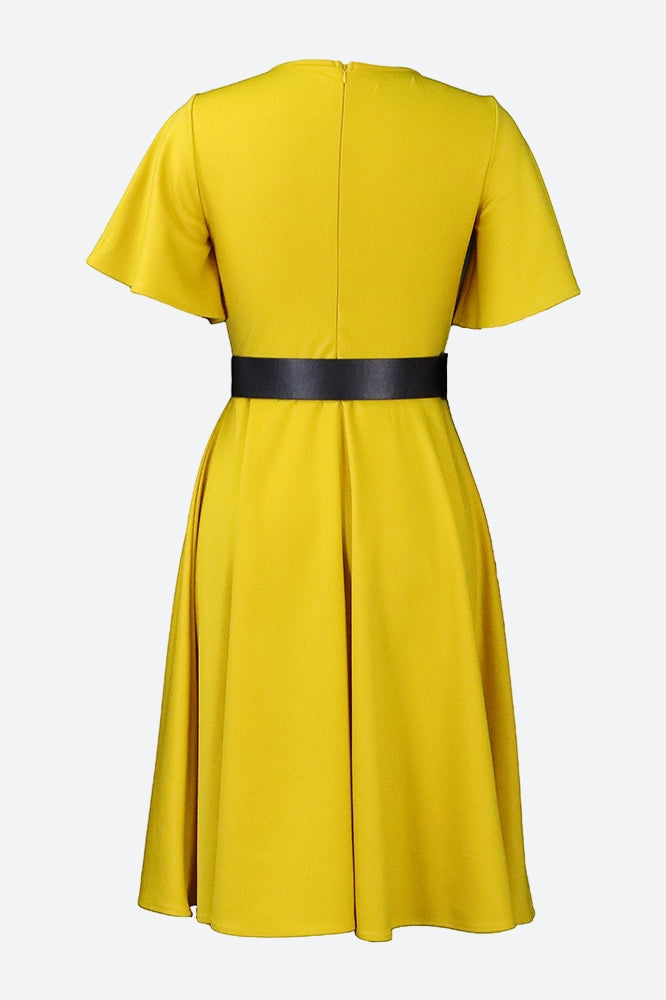Bell Sleeve Solid Color Belt Dress Lavish Daily