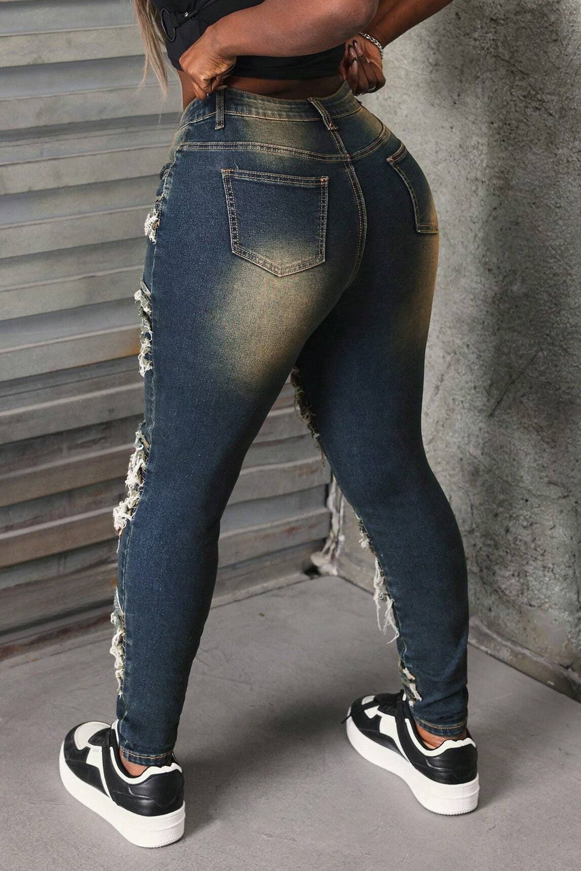 Whiskered Stretch Patch Skinny Jeans Lavish Daily