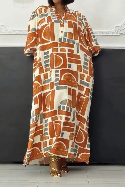 Print Buttons Basic V Neck Long Dresses Lavish Daily