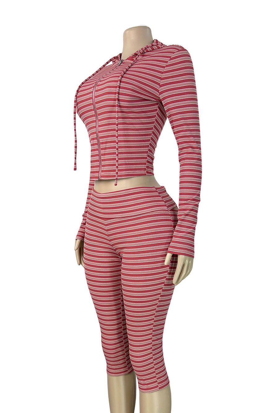 Striped Zip Hoodie & Foldover Capri Pants Set Lavish Daily