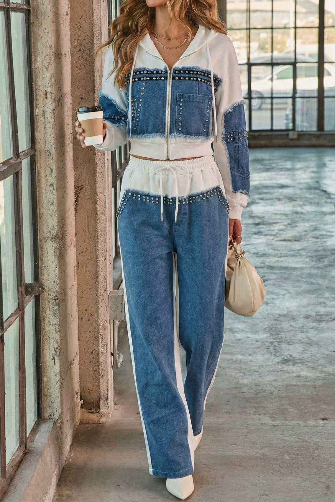 Studded Denim Patchwork Two Piece Set Lavish Daily