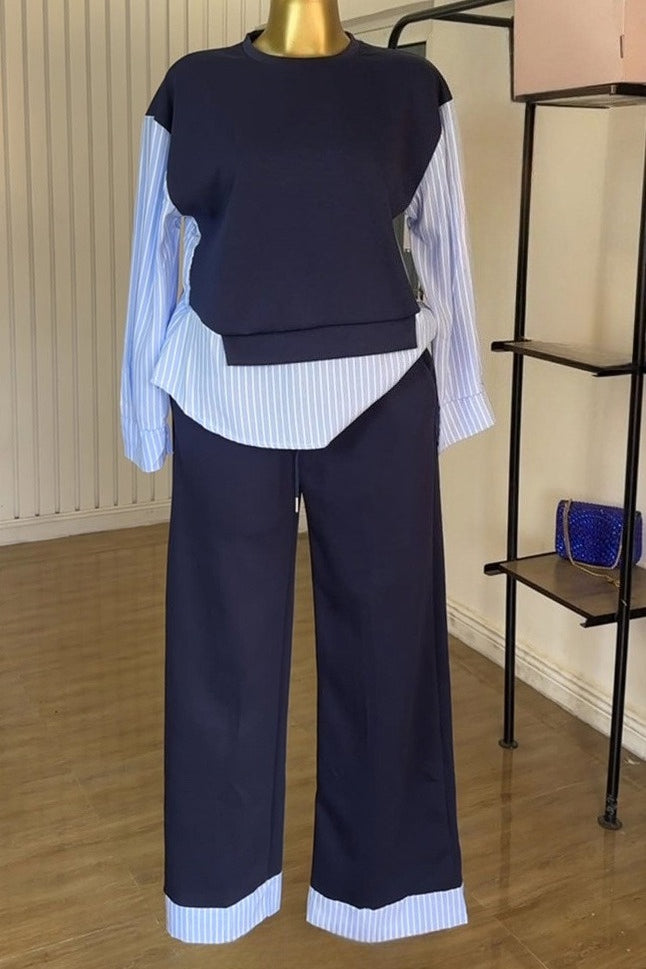 Striped Patchwork Top and High Waist Pants Set Lavish Daily