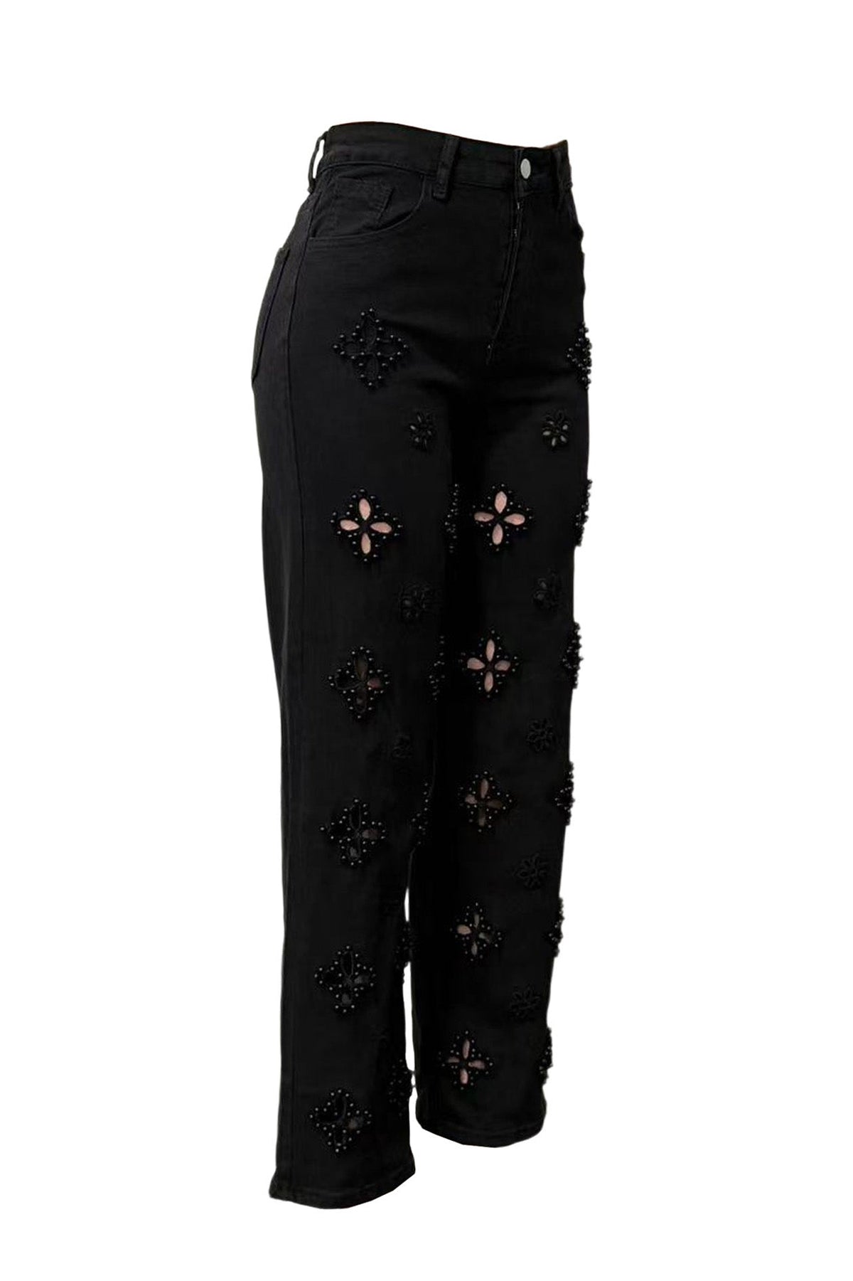 Pearl Embellished Floral Cutout Jeans Lavish Daily