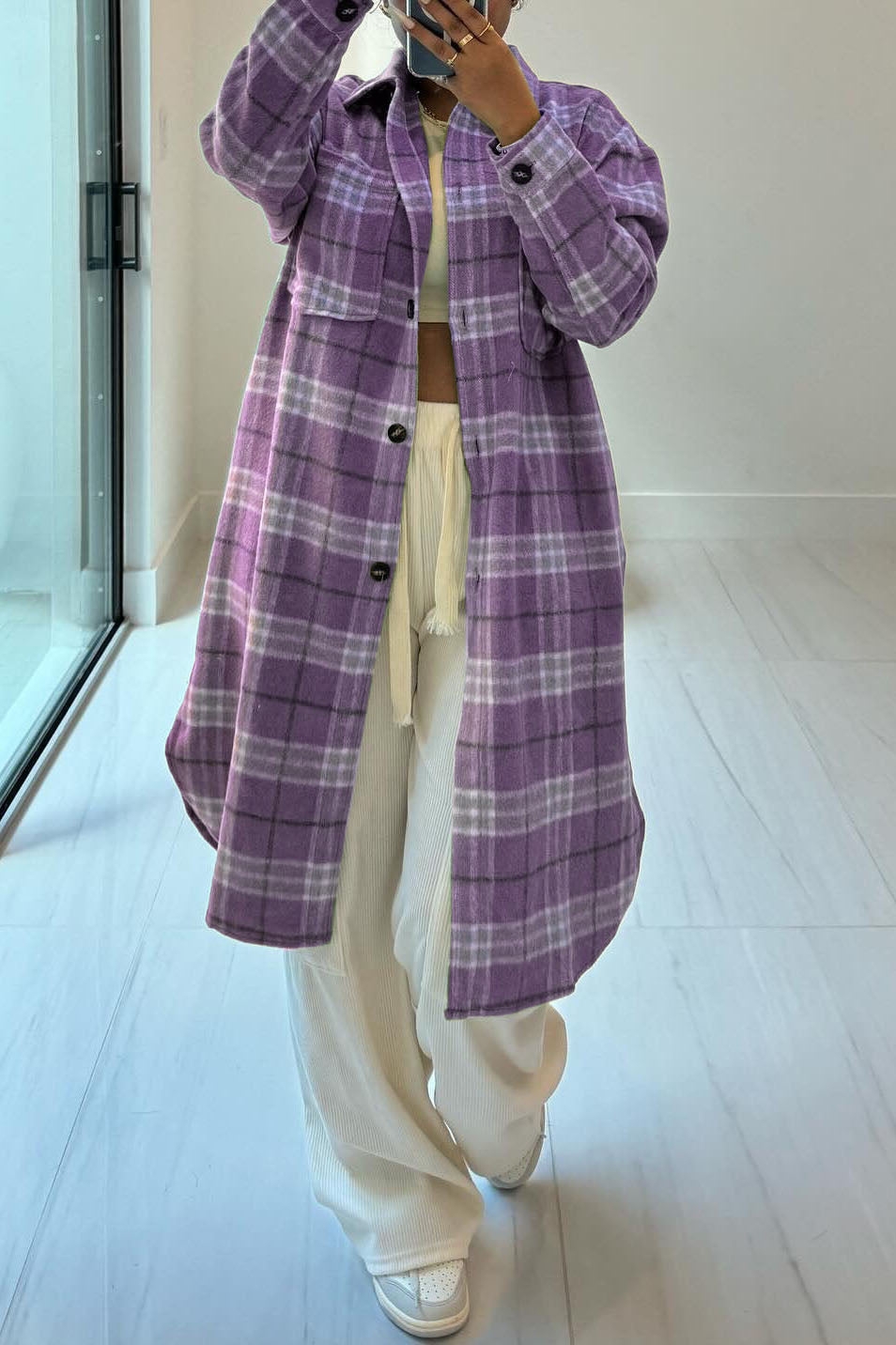 Contrast Plaid Slit Shacket Lavish Daily