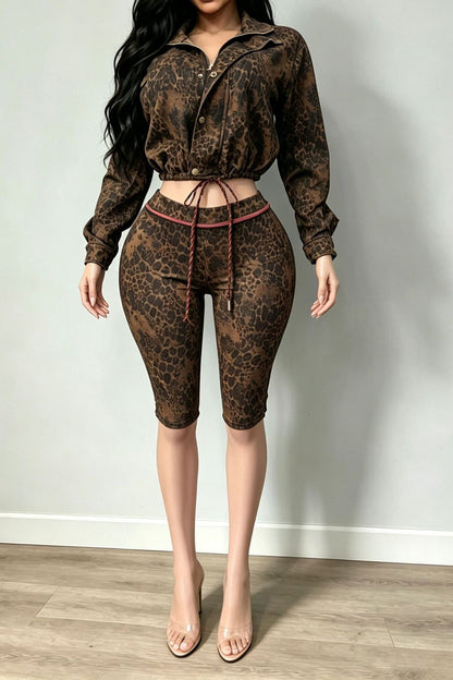 Leopard Cropped Jacket & Biker Short Set Lavish Daily