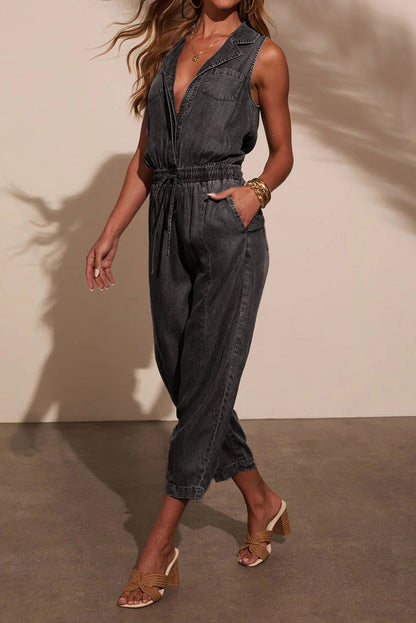 Sleeveless Drawstring Denim Utility Jumpsuit Lavish Daily