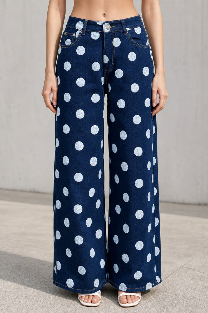 Non-Stretch Polka Dot Wide Leg Jeans Lavish Daily