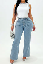 Rhinestone Straight-Leg Denim Jeans Lavish Daily