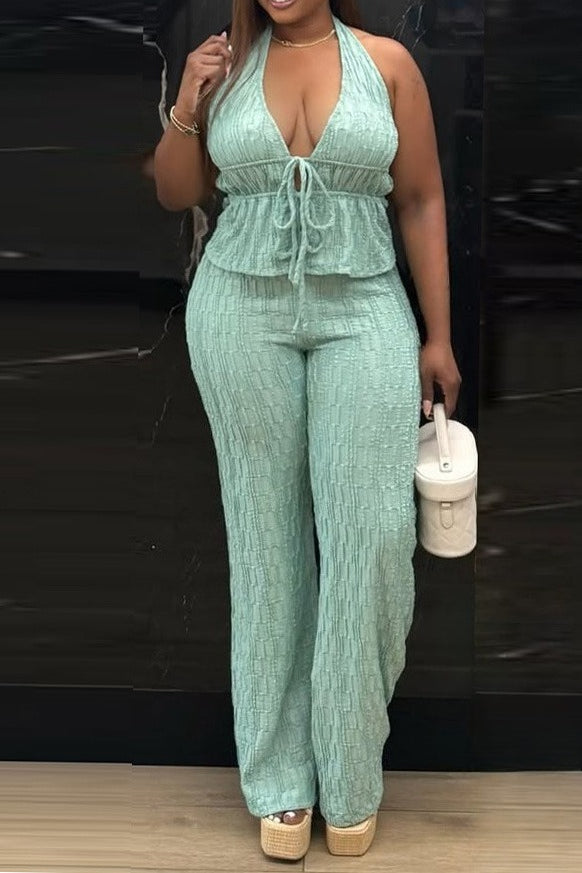 Textured Halter Wide Leg Pant Set Lavish Daily