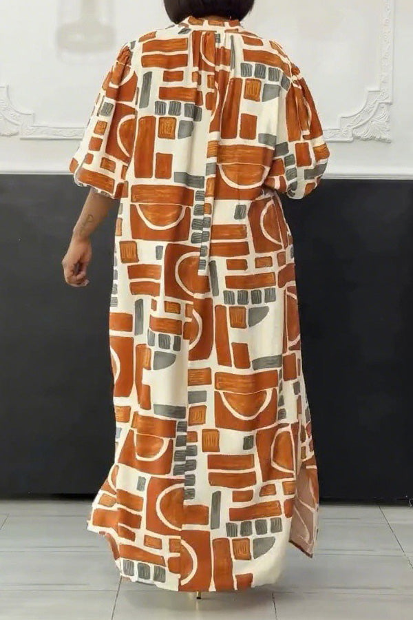 Print Buttons Basic V Neck Long Dresses Lavish Daily