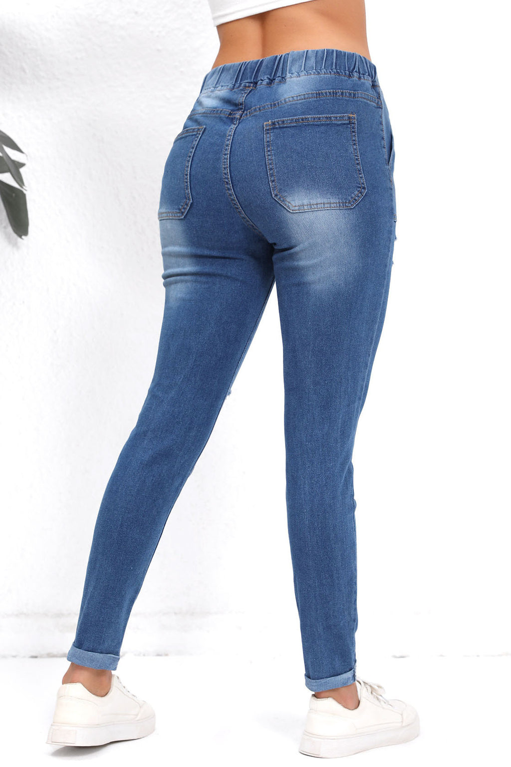 Drawstring Waist Ripped Roll Up Hem Skinny Jeans Lavish Daily