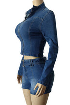 Washed Denim Zip Up Top & Shorts Set Lavish Daily