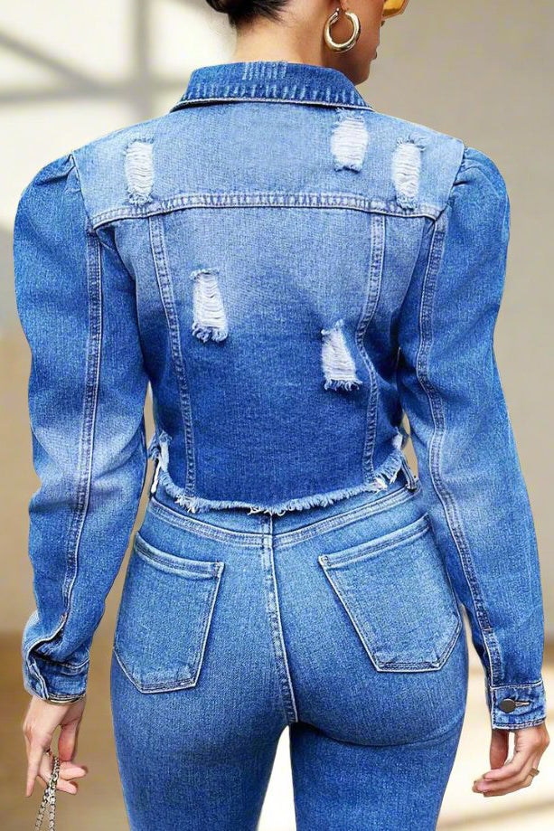 Ripped Edge Jacket Washed Denim Top Lavish Daily