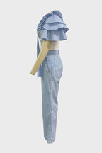 Single Ruffle Sleeve T-Shirt Striped Pants Set Lavish Daily