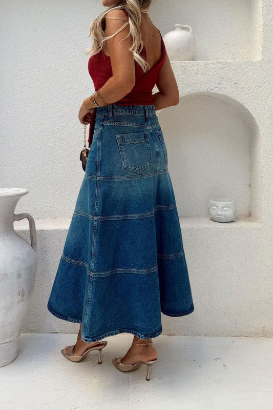 Tiered A-Line Denim Midi Skirt Lavish Daily