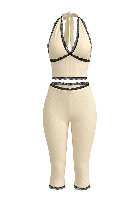 Lace Trim Ribbed Capri Set Lavish Daily