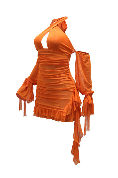 Ruched Mesh Cutout Halter Mini Dress Lavish Daily