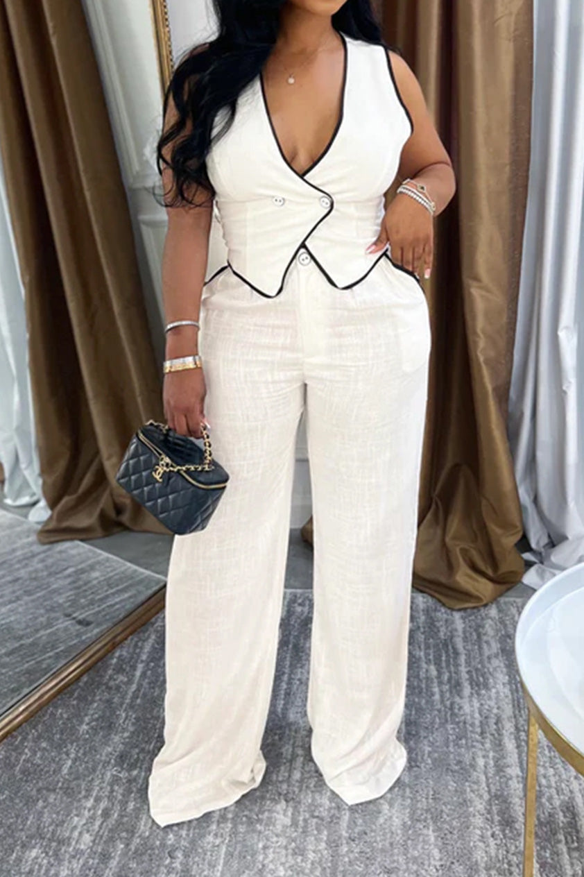 V-Neck Button Top & Pants Two-Piece Set Lavish Daily