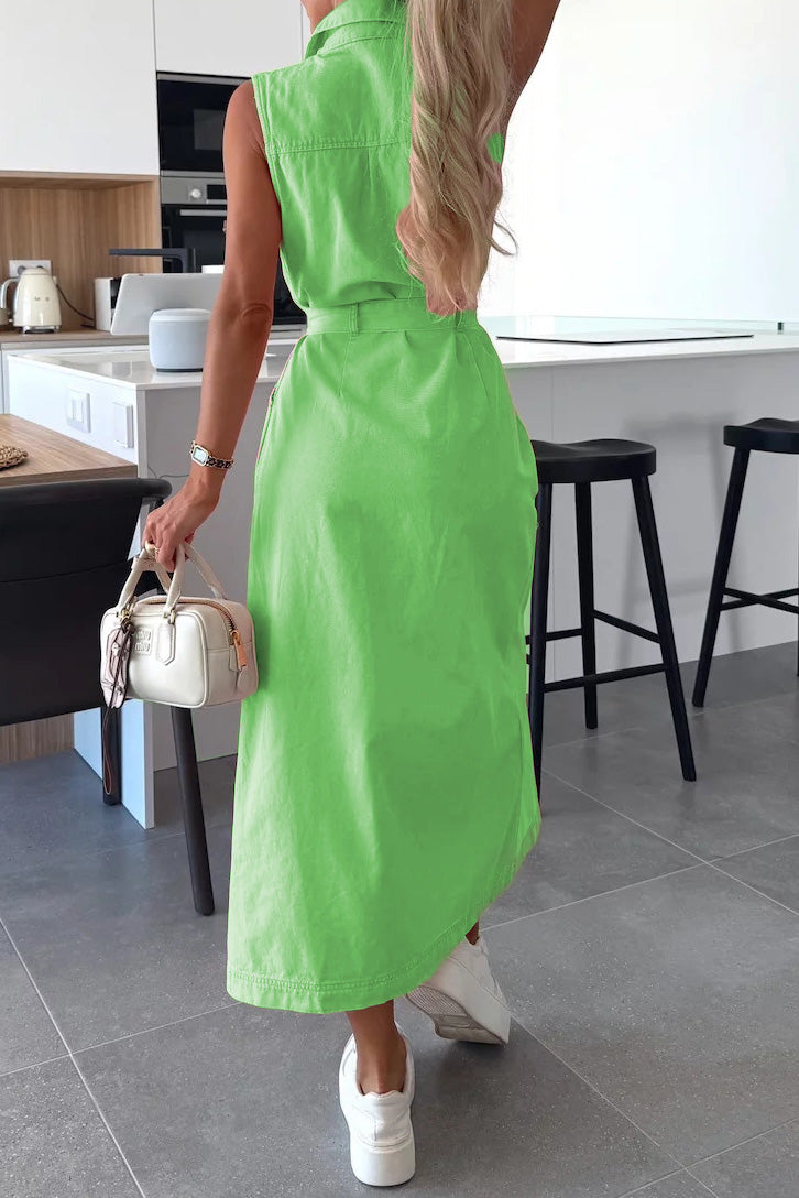 Sleeveless Belted Utility Maxi Shirt Dress Lavish Daily