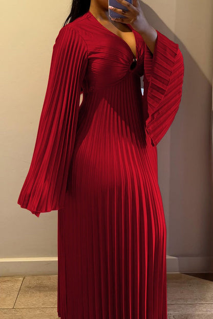 Plus Size V-Neck Pleated Flare Sleeve Maxi Dress Lavish Daily