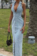 Slim Light Blue Denim Button Maxi Dress Lavish Daily
