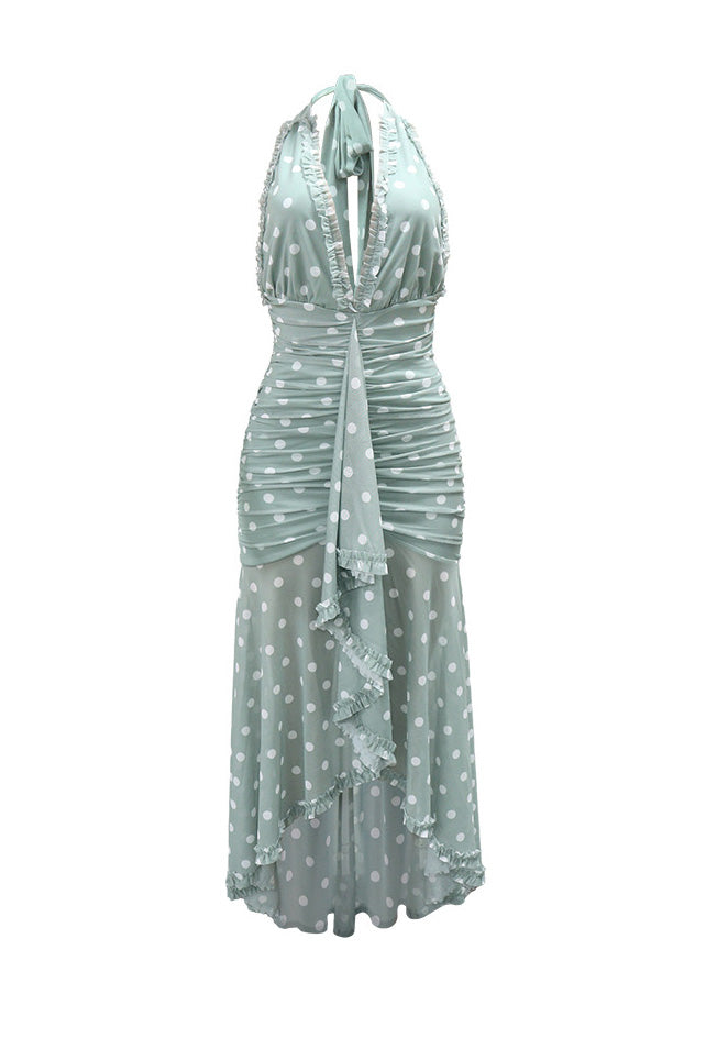 Plunging Halter Ruched Ruffle Maxi Dress Lavish Daily