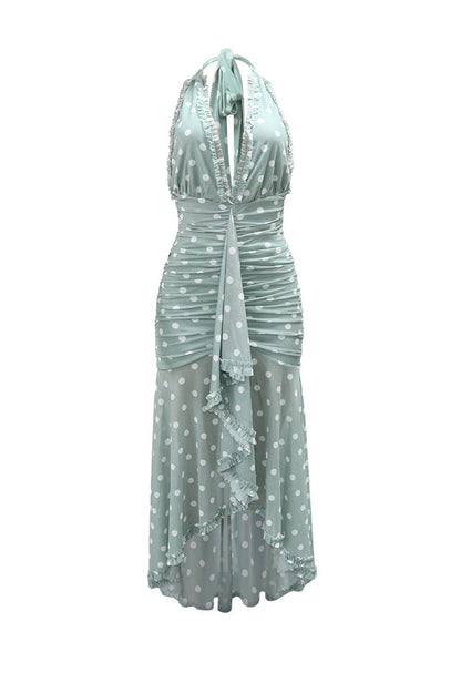 Plunging Halter Ruched Ruffle Maxi Dress Lavish Daily