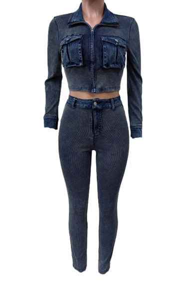 Ribbed Stretch Denim Two Piece Set Lavish Daily