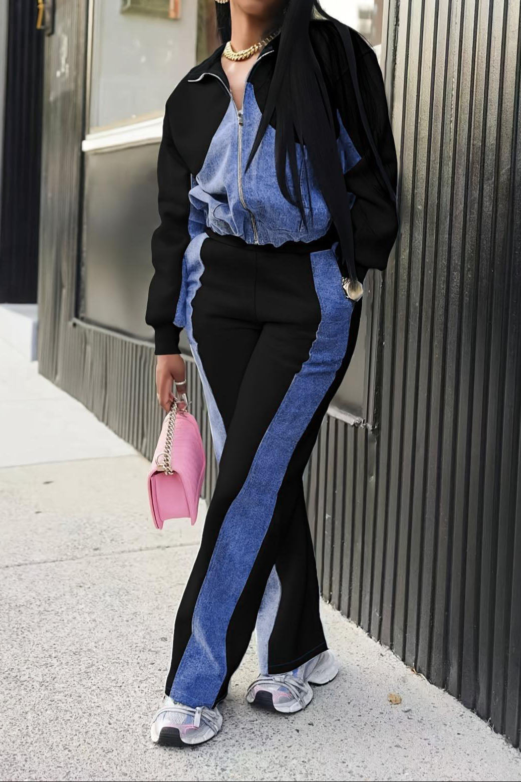 Denim Patchwork Jacket & Long Pant Set Lavish Daily
