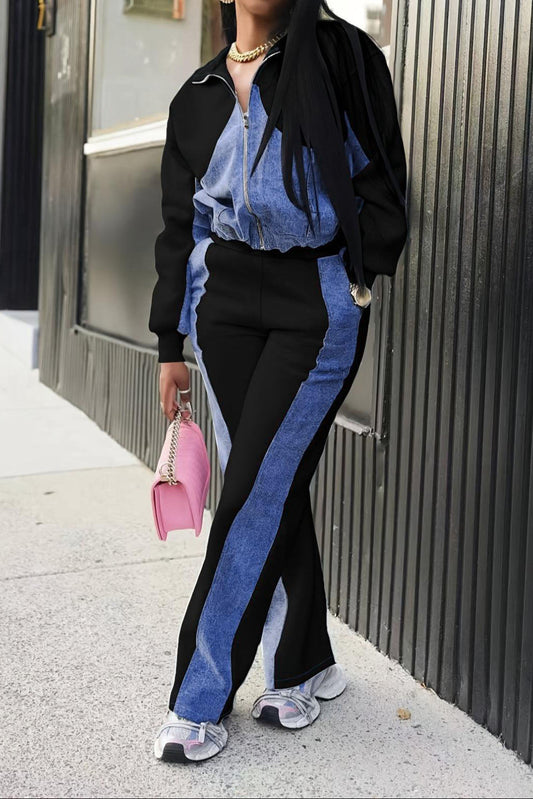 Denim Patchwork Jacket & Long Pant Set Lavish Daily