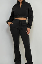 Fleece Crop Top and Flare Pants Set Lavish Daily