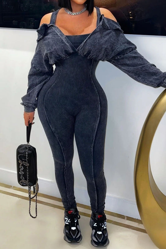 Off-Shoulder Mineral Wash Ribbed Jumpsuit Lavish Daily