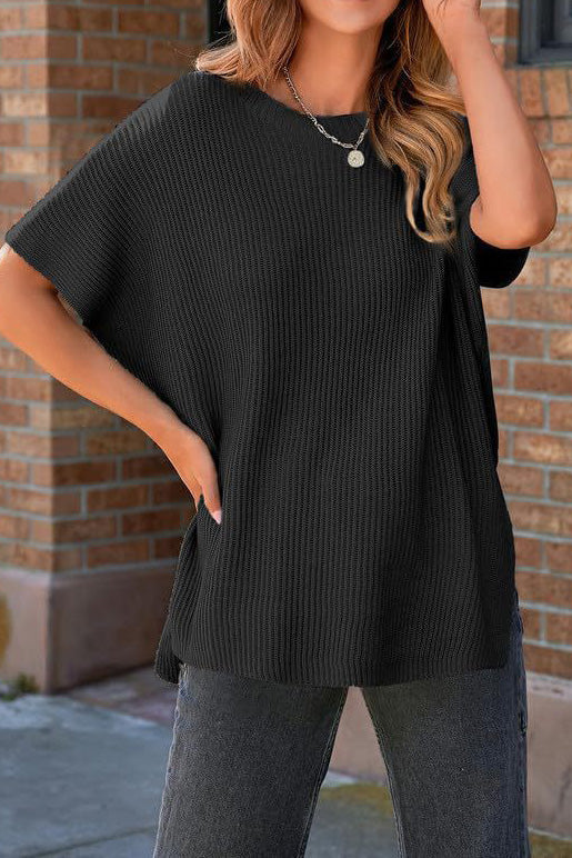 Short Sleeve Side Slit Oversized Sweater Lavish Daily