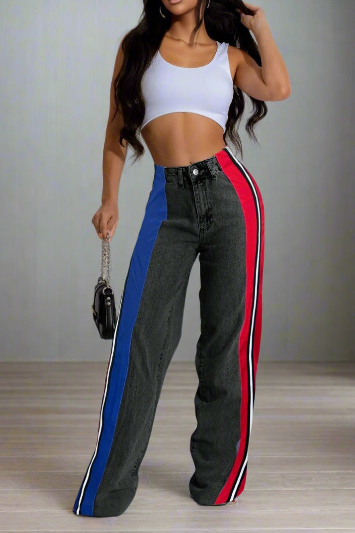 Wide Jeans with Wide Contrast Side Lines-Black Lavish Daily