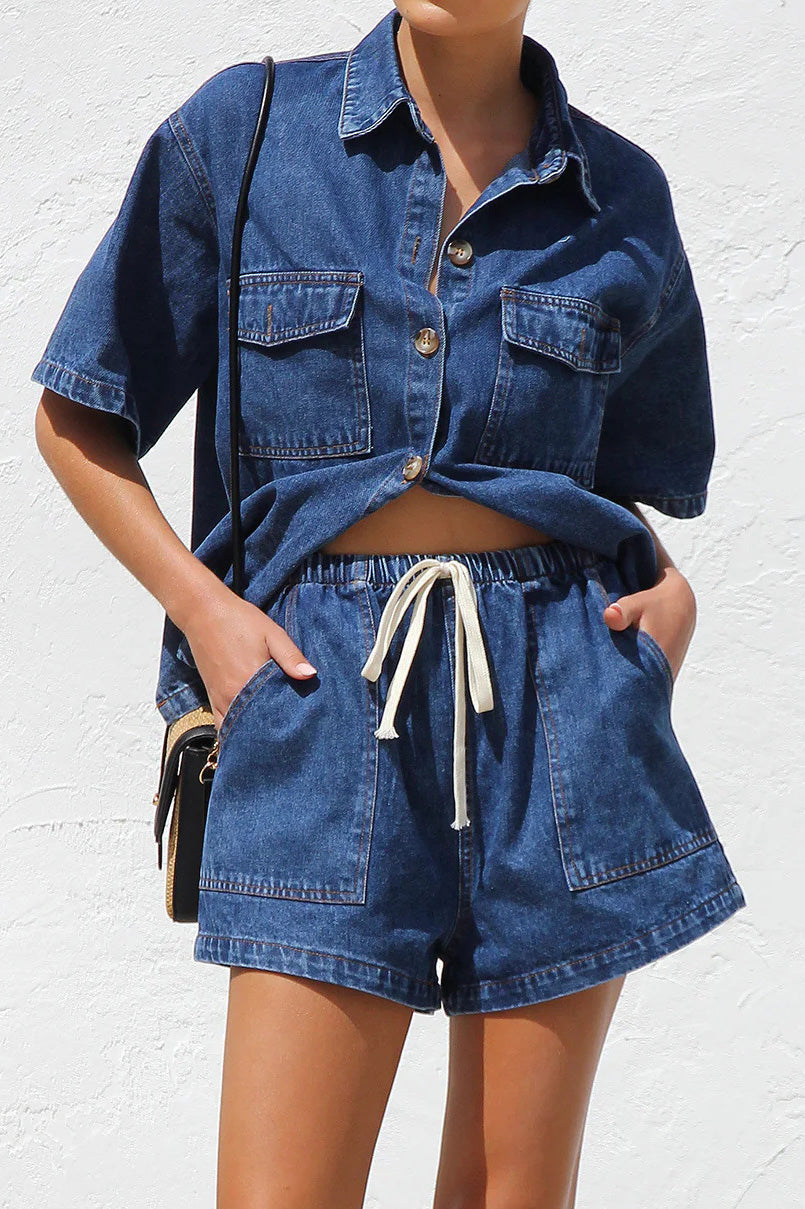 Loose Pocket Denim Shirt & Shorts Set Lavish Daily