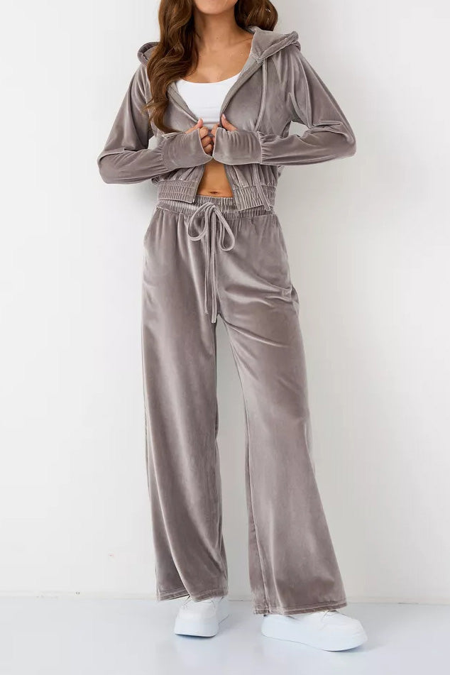 Velvet Hooded Zip Sweatshirt & Pants Set Lavish Daily